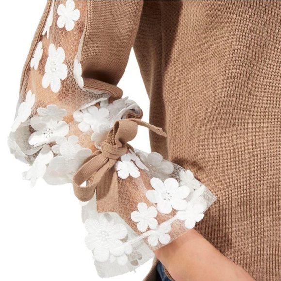 NWT FRENCH CONNECTION Caballo Sweater Camel / White M Knit Floral Lace Sleeves - Picture 3 of 15
